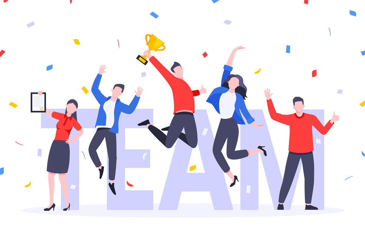 Team feiert Erfolg mit Konfetti und Pokal